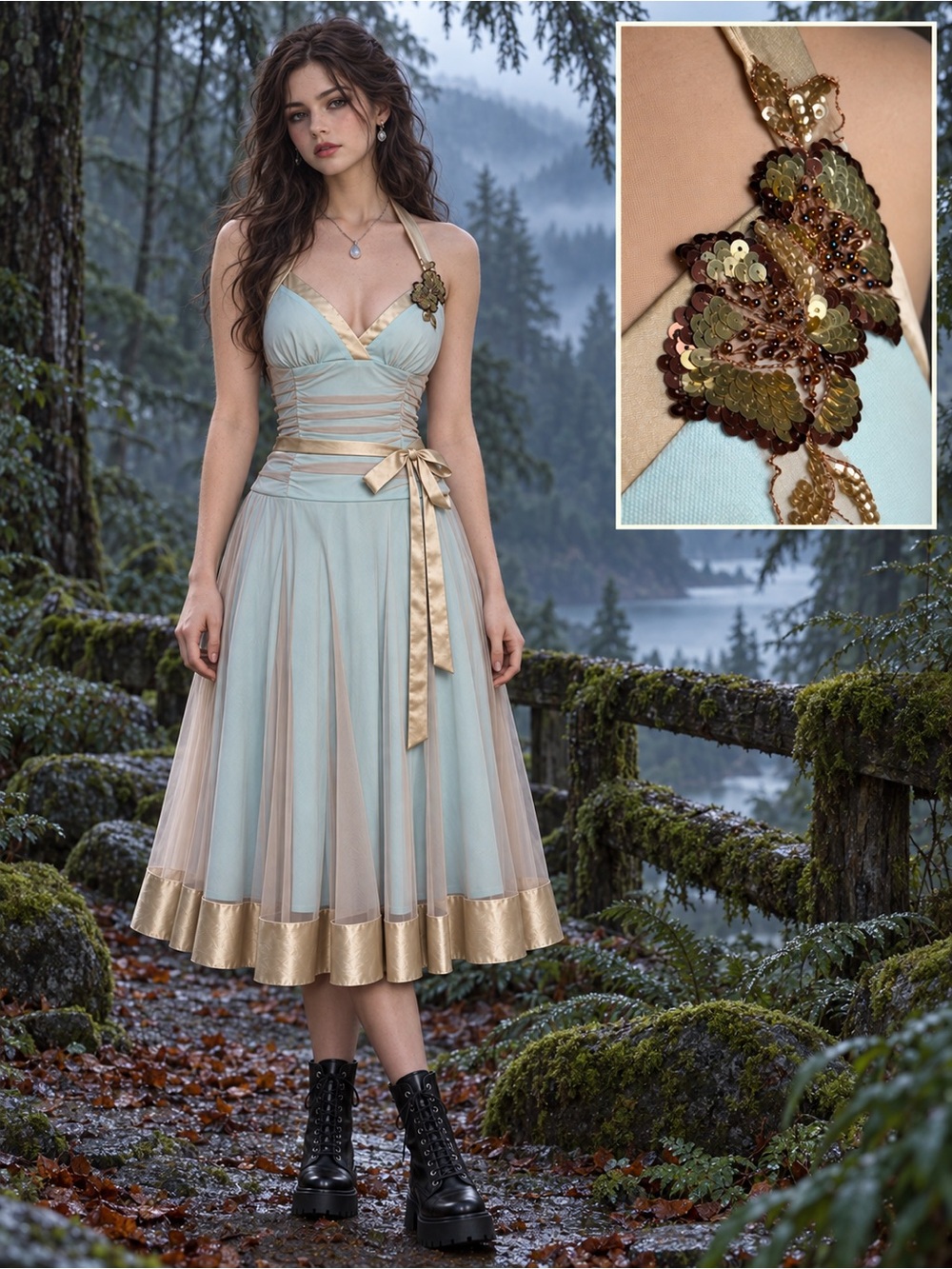 Vintage 90’s Y2K City Triangles Aqua Dress Gold Mesh overlay and trim Fairycore - Picture 11 of 12